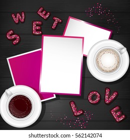 Happy Valentine's Day Post Card. Top View on Cappuccino Coffee Cup, Confetti Heart. Chocolate Candy 3d Letters. Lovely Clean Scene Creator Mock up. Backdrop Gray on Wooden Texture.