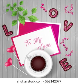 Happy Valentine's Day Post Card. Top View on Cappuccino Coffee Cup, Confetti Heart. Love Chocolate Candy 3d Letters. Clean Scene Creator Mock up. Backdrop Gray on Wooden Texture.