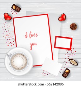Happy Valentine's Day Post Card. Top View on Cappuccino Coffee Cup, Confetti Heart. Set of Chocolate Candy. Lovely Clean Scene Creator Mock up. Backdrop Gray on Wooden Texture.