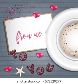 Happy Valentine's Day Post Card. Top View on Cappuccino Coffee Cup, Confetti Heart. Chocolate Candy 3d Letters. Lovely Clean Scene Creator Mock up. Backdrop Gray on Wooden Texture.