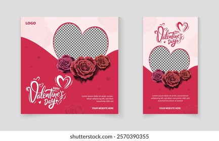 Happy Valentine's Day post design with Cute Couple in heart shape and rose for promotion on social media