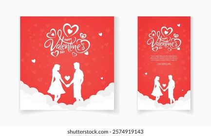 Happy Valentine's Day post Design with Couple Silhouette cloud and red background for social media post