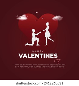 
Happy Valentine's Day Post and Greeting Card. Man proposing Woman with a ring Valentine's Day Concept and Background Vector Illustration.