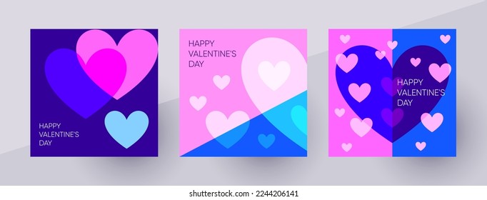 Happy Valentines Day post templates for social media. Colorful vivid vector illustration with hearts symbols.