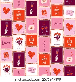 Happy Valentine's Day postage stamps background. Vintage love seamless pattern. Cute romantic print for fabric, wrapping paper, textile. Hand drawn flat design vector illustration.