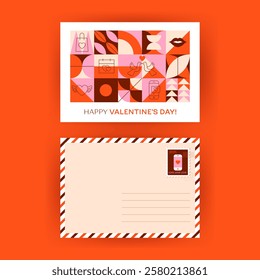 Happy Valentines Day Postal Greeting Card. Vector Illustration of Outline and Flat Style. Love Romance Holiday. Postage Stamp.