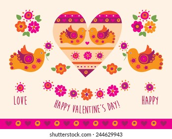 Happy Valentines Day. Postcard. Background. Congratulation. Set of elements for Valentine's Day, wedding. Vector illustration.