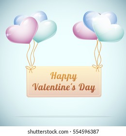Happy valentine's day postcard with cute heart balloons on blue background flat vector illustration