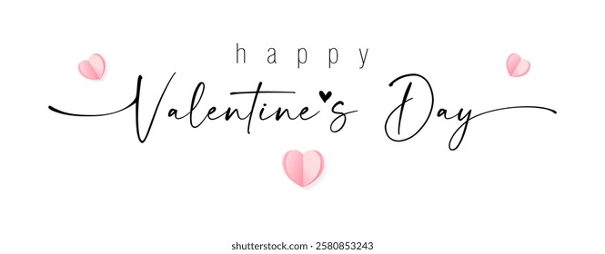 Happy Valentine's Day postcard design. Creative handdrawn style text and 3D paper pink hearts, horizontal line banner. Party decoration. Decorative elements. Clipart template. Creative greetings.