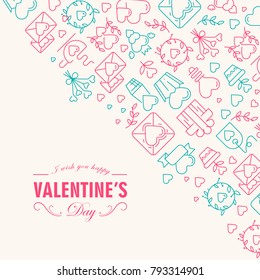 Happy valentines day postcard divided on two parts with text including wishes be happy in the front corner and many icons such as heart, twig, envelope on white background vector illustration