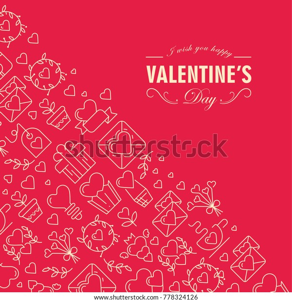 Happy valentines day postcard divided on two\
parts with text including wishes be happy in front corner and icons\
such as heart, twig, envelope in the left one on red background\
vector illustration