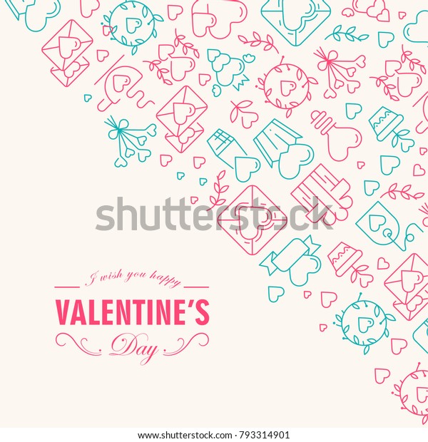 Happy valentines day postcard divided on two\
parts with text including wishes be happy in the front corner and\
many icons such as heart, twig, envelope on white background vector\
illustration