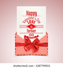 Happy Valentine's Day postcard with envelope and decorative red bow, vector illustration