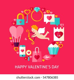 Happy Valentines Day Postcard. Flat Poster Design Vector Illustration. Collection of Love Holiday Objects.
