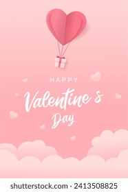 Happy valentine's day postcard with floating heart and gift. Pink background. Romantic poster.