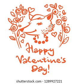 Happy Valentine's day. Postcard with a fox and hand lettering