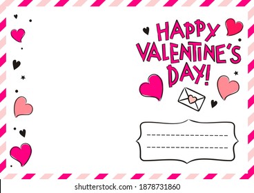 Happy Valentine's Day postcard with hearts and gift boxes. Cute greeting card. Hand drawn envelope. Vector love illustration