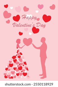 Happy valentine's day postcard with hearts, female, male, silhouettes.  Vector illustration
