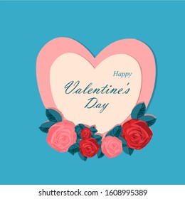 Happy Valentine's Day postcard love letter /Heart with rose pink and red color around with heart paper on blue background. For Valentine's day, Mother's and birthday greeting card design.
