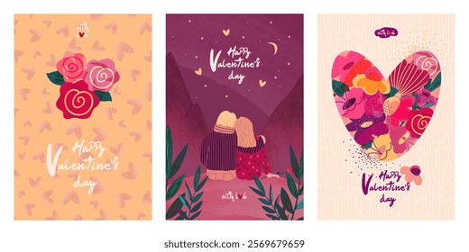 Happy Valentine's Day. Postcard set. A couple in love, roses, a heart of flowers. Vertical, watercolor texture.