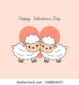 Happy Valentine's day postcard. Sweet couple animals cartoon vector illustration.
