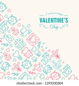 Happy valentines day postcard with text including wishes be happy and many icons such as heart, twig, envelope on white background vector illustration