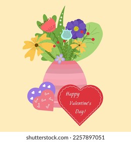 Feliz postal de San Valentín. Vase con flores. Diseño de vectores. Felicitaciones. Día del Amor.
