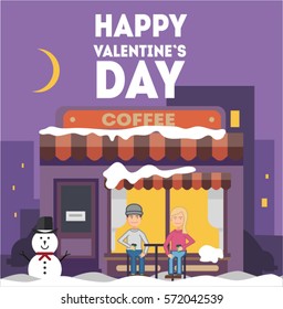 Happy valentine's day postcard vector illustration with 2 people drinking coffee near winter coffee shop