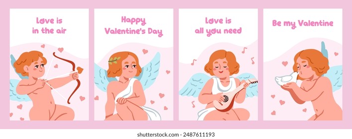 Happy Valentine's Day postcards set. Cute cupids, baby angels, winged characters. February 14, greeting cards, posters, romantic backgrounds with quotes, amor phrases. Flat vector illustrations