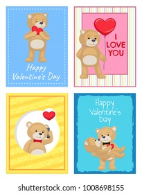 Happy Valentines Day postcards with soft bears with balloon in heart shape, couple which hugs and one which talks by phone vector illustrations set.