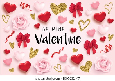 Happy Valentine's Day poster with 3D hearts, roses, ribbons and golden glitter hearts