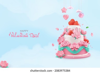 Happy Valentines day poster. 3d realistic render vector illustration