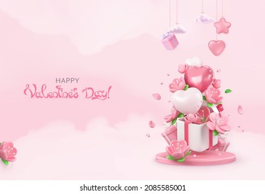 Happy Valentines day poster. 3d realistic render vector illustration