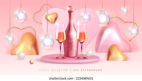 Happy Valentines Day poster with 3D love hearts and champagne bottle with glasses. Vector illustration