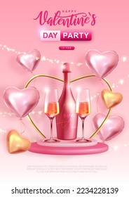 Happy Valentines Day poster with 3D love hearts and champagne bottle with glasses. Vector illustration