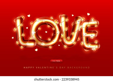 Happy Valentines Day poster with 3D chromic letters and electirc lamps. Holiday greeting card. Vector illustration