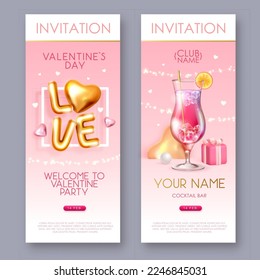 Happy Valentines Day poster with 3D chromic letters, gold love hearts and cocktail. Invitation design. Vector illustration