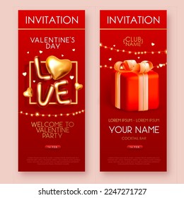 Happy Valentines Day poster with 3D chromic letters, gold love hearts and gift box. Invitation design. Vector illustration