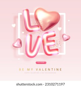 Happy Valentines Day poster with 3D chromic letters and pink love hearts. Holiday greeting card. Vector illustration