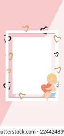 Happy Valentine's Day poster with angel cupid and hearts. Festive background for February 14th. Design for postcards, promotional materials, vector stock illustration