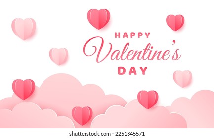 Happy Valentine's day poster background. Beautiful paper cut white clouds with white red and heart frame on pink background. Vector illustration.