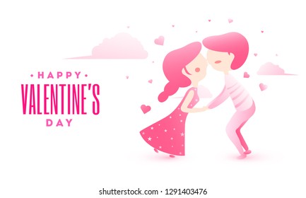 Happy valentines day poster or banner design with illustration of cute couple in romantic pose.