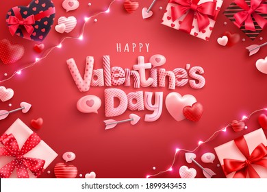 Afiche o cartel del Día de San Valentín feliz con corazones dulces y caja de regalo sobre fondo rojo. Plantilla de promoción y compras o fondo para el concepto de Amor y Día de San Valentín