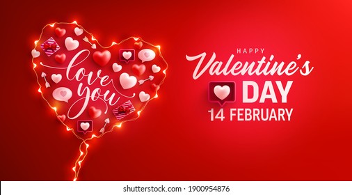 Happy Valentine's Day Poster Or Banner With Symbol Of Heart From LED String Lights And Valentine Elements On Red Background. Promotion And Shopping Template For Love And Valentine's Day Concept.