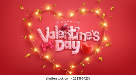 Happy Valentine's Day Poster or banner by cute font in heart shape with LED lights frame. Promotion and shopping template or background for Love and Valentine's day concept