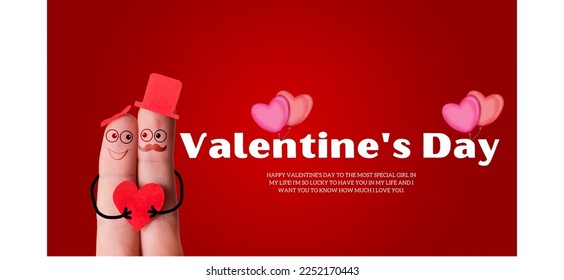 Happy Valentine's Day Poster or banner with sweethearts and gift box on red background. Promotion and shopping template or background for Love and Valentine's Day concept Beautiful paper cut white 