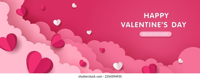 Happy Valentine's day poster or banner template. beautiful paper cut white clouds with hearts on pink background. place for text. vector design.