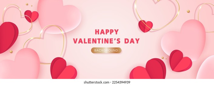 Happy Valentine's day poster or banner template. beautiful paper cut hearts on pink background. place for text. vector design.