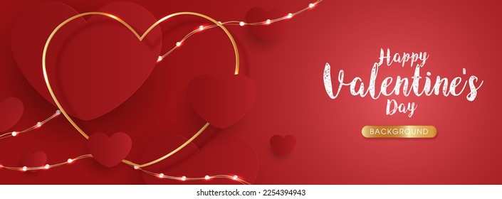 Happy Valentine's day poster or banner template. beautiful paper cut red hearts with decorative lights on pink background. place for text. vector design.