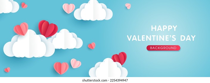 Happy Valentine's day poster or banner template. beautiful paper cut white clouds with hearts on blue background. place for text. vector design.